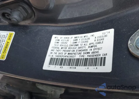 2015 Honda Accord Sport из США, поврежденный, VIN 1HGCR2F54FA036537